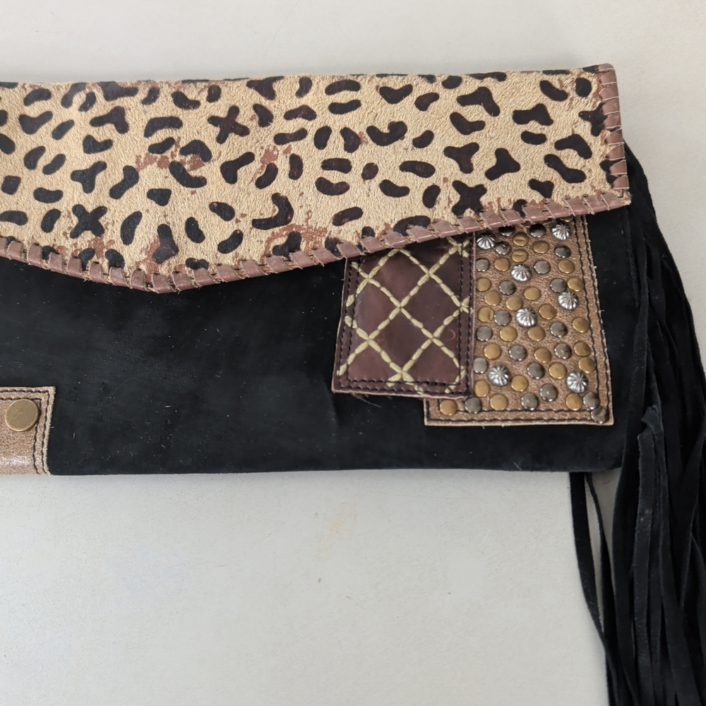 Double D Ranch Black Fringe Clutch with Leopard-Flap and Turquoise Accents - Picture 5 of 13